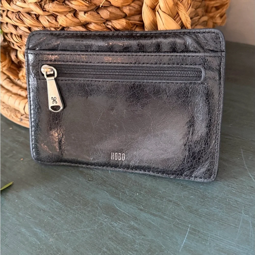 HOBO Euro Slide black leather card case. Five exterior card slots